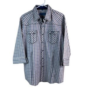 Wild West Boots Navy Blue Brown White Plaid 3/4 Sleeves Button Down Shirt Size L